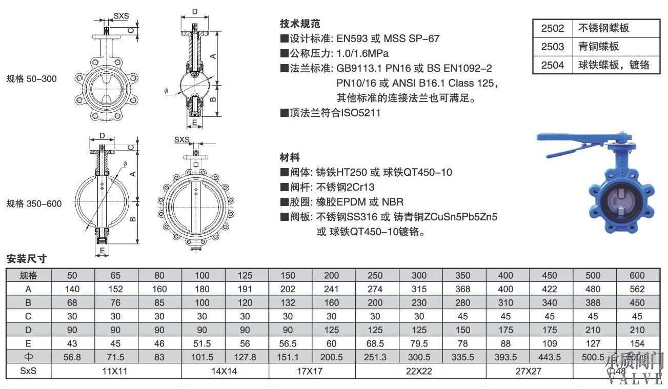D371X凸耳對夾蝶閥外形結(jié)構(gòu)尺寸圖